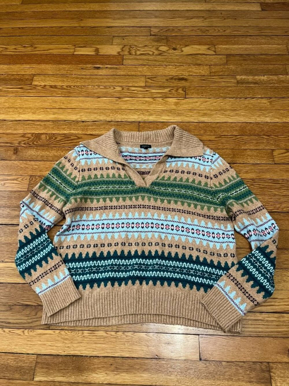 Talbots Fair Isle Nordic Sweater Collared V Neck Women's Size Large Cotton/Wool
